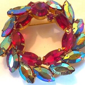 Vibrant Red and Iridescent Brooch unsigned Juliana